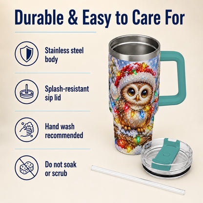 #pl[40oz|Green] Christmas Lights Owl Tumbler 40oz, Owl Tumbler, Stainless Steel Travel Cup
