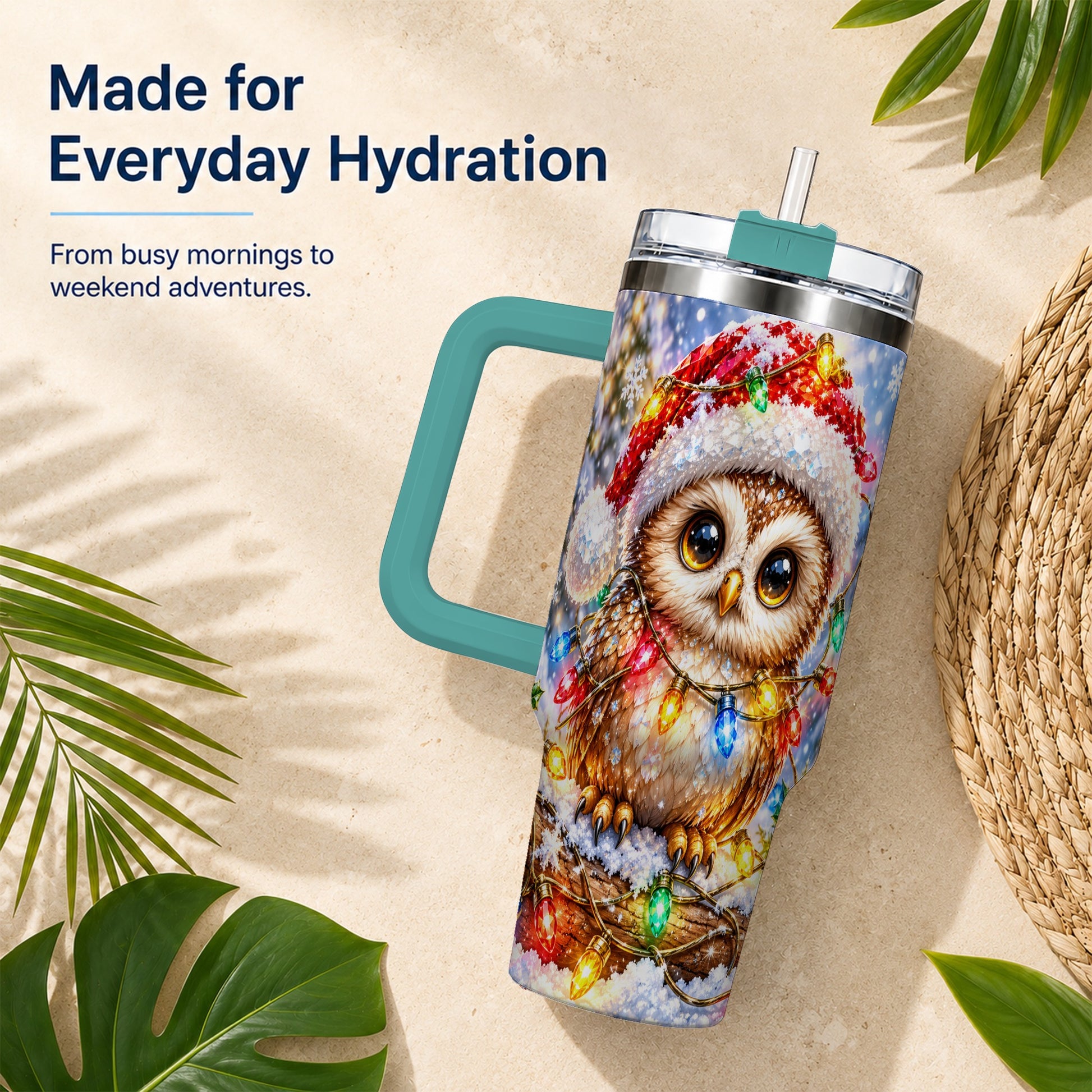 #pl[40oz|Green] Christmas Lights Owl Tumbler 40oz, Owl Tumbler, Stainless Steel Travel Cup
