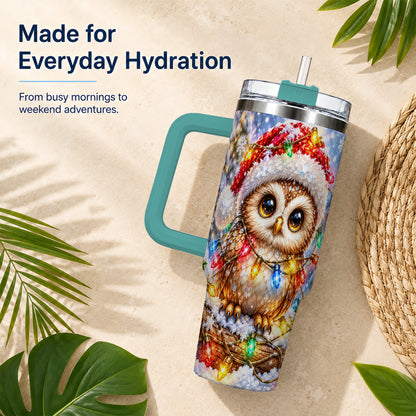 #pl[40oz|Green] Christmas Lights Owl Tumbler 40oz, Owl Tumbler, Stainless Steel Travel Cup