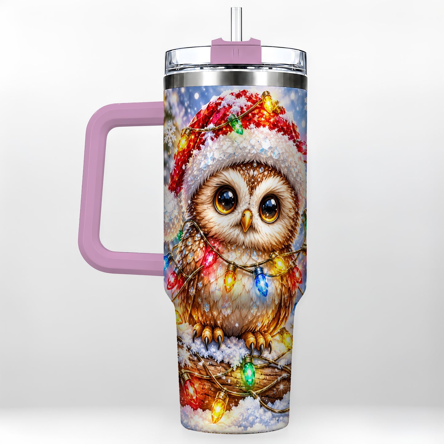 #pl[40oz|Pink] Christmas Lights Owl Tumbler 40oz, Owl Tumbler, Stainless Steel Travel Cup