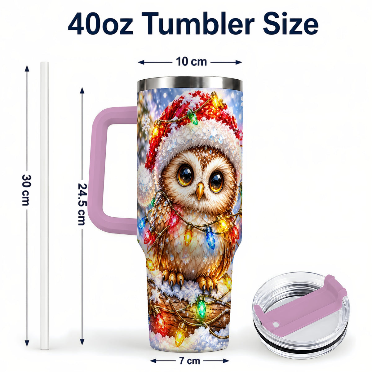 #pl[40oz|Pink] Christmas Lights Owl Tumbler 40oz, Owl Tumbler, Stainless Steel Travel Cup