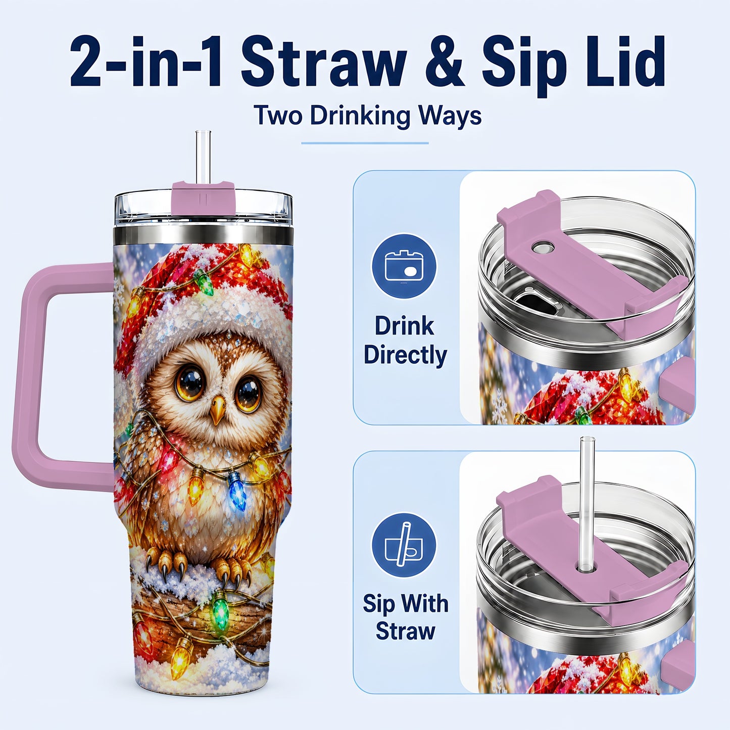 #pl[40oz|Pink] Christmas Lights Owl Tumbler 40oz, Owl Tumbler, Stainless Steel Travel Cup