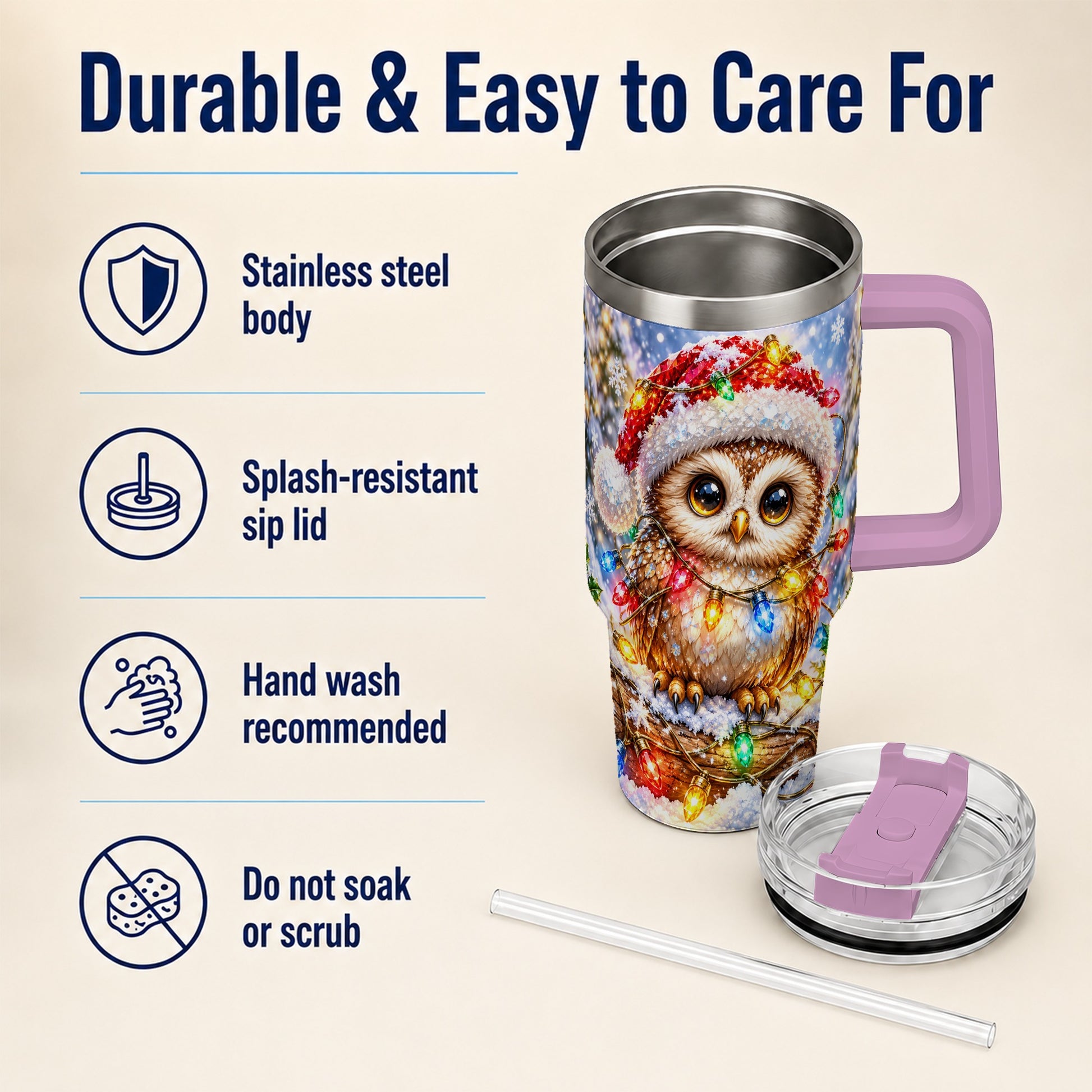 #pl[40oz|Pink] Christmas Lights Owl Tumbler 40oz, Owl Tumbler, Stainless Steel Travel Cup