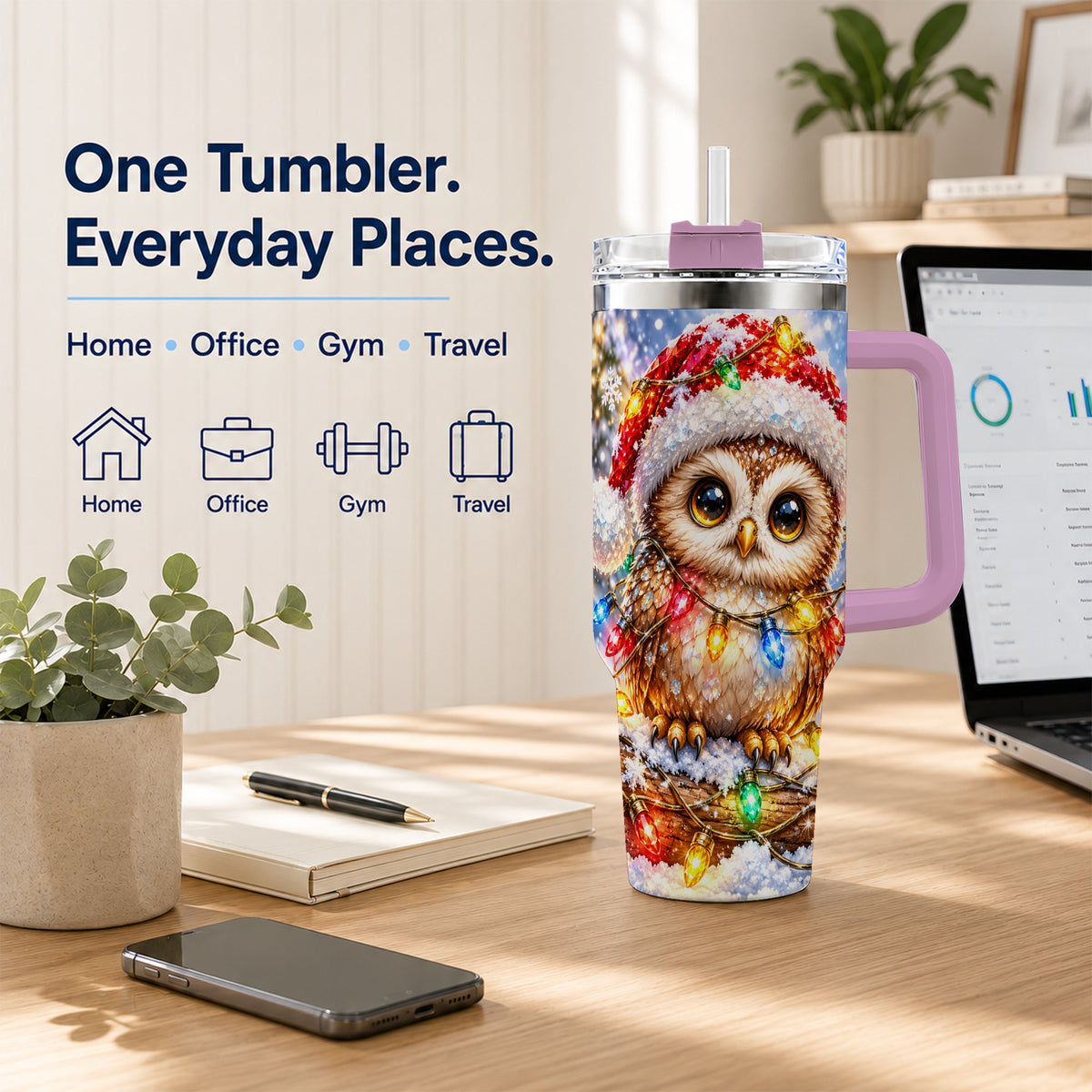 #pl[40oz|Pink] Christmas Lights Owl Tumbler 40oz, Owl Tumbler, Stainless Steel Travel Cup