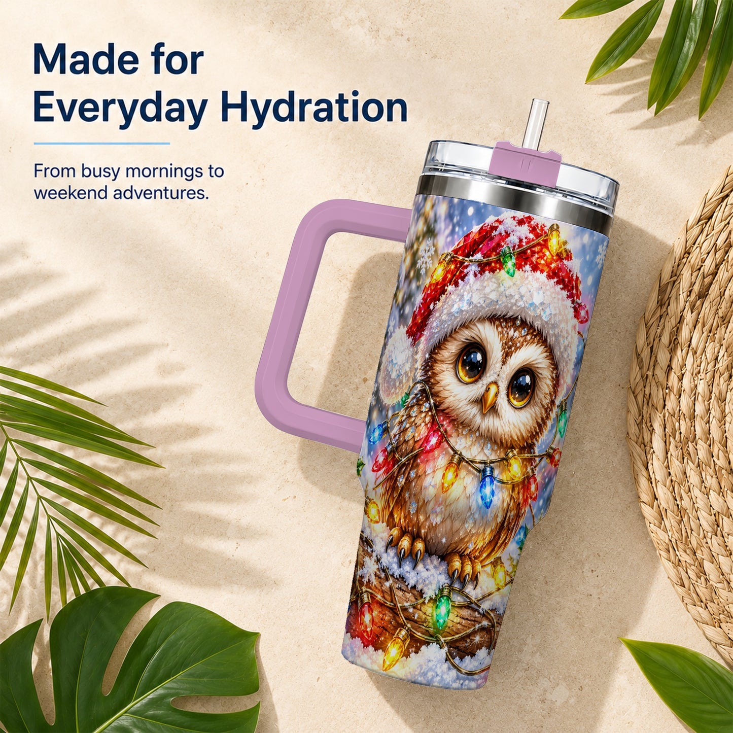 #pl[40oz|Pink] Christmas Lights Owl Tumbler 40oz, Owl Tumbler, Stainless Steel Travel Cup