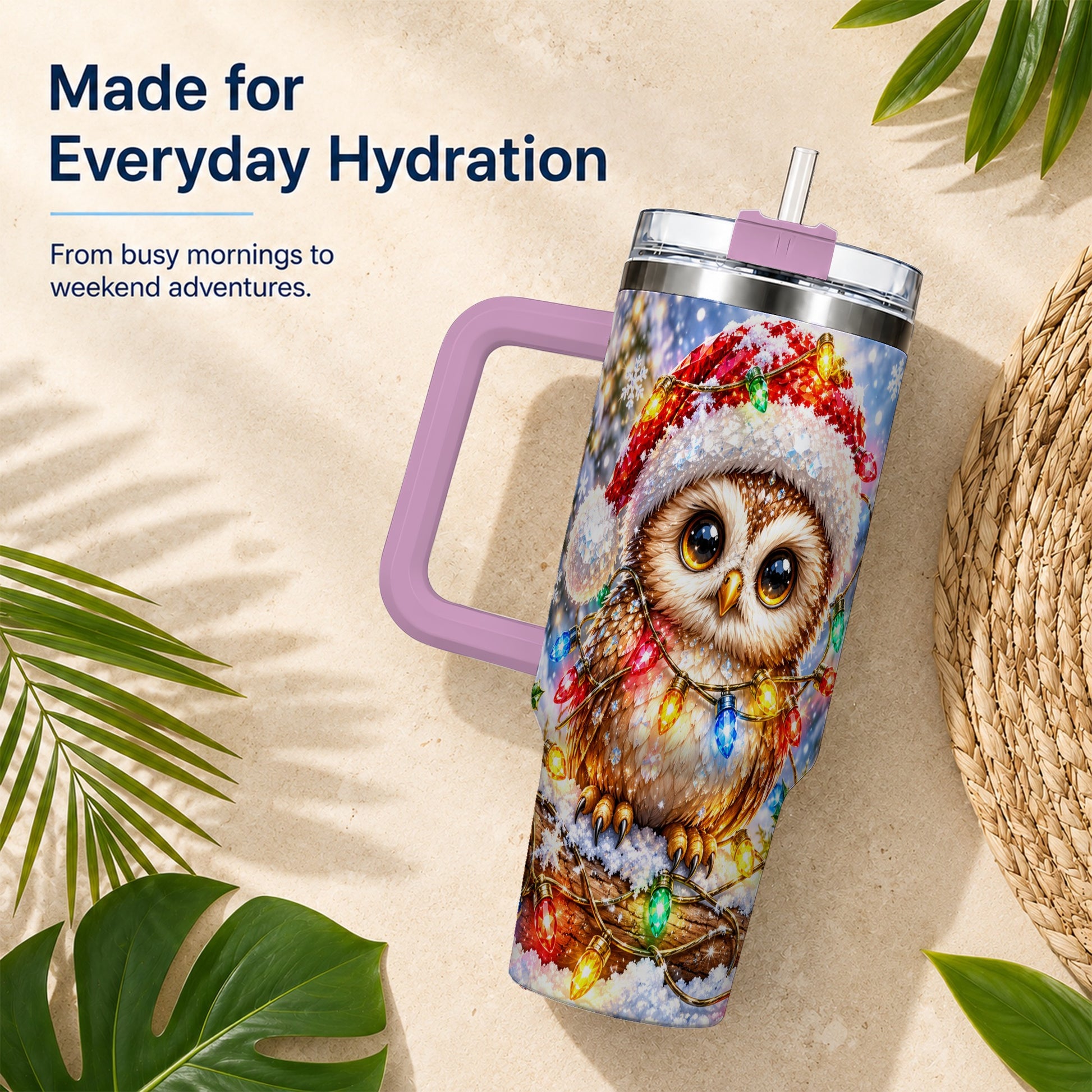 #pl[40oz|Pink] Christmas Lights Owl Tumbler 40oz, Owl Tumbler, Stainless Steel Travel Cup