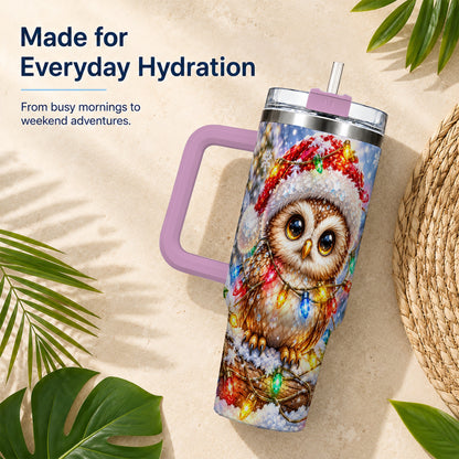 #pl[40oz|Pink] Christmas Lights Owl Tumbler 40oz, Owl Tumbler, Stainless Steel Travel Cup