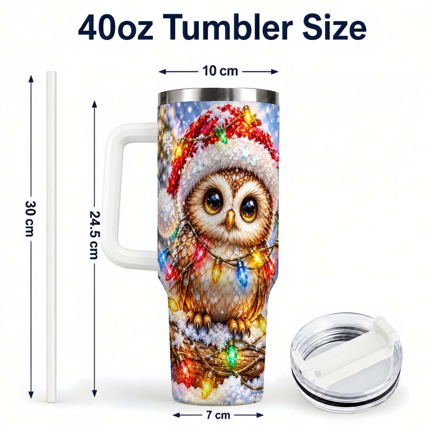 #pl[40oz|White] Christmas Lights Owl Tumbler 40oz, Owl Tumbler, Stainless Steel Travel Cup