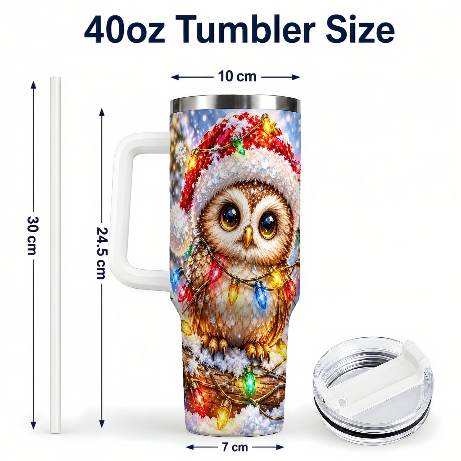 #pl[40oz|White] Christmas Lights Owl Tumbler 40oz, Owl Tumbler, Stainless Steel Travel Cup