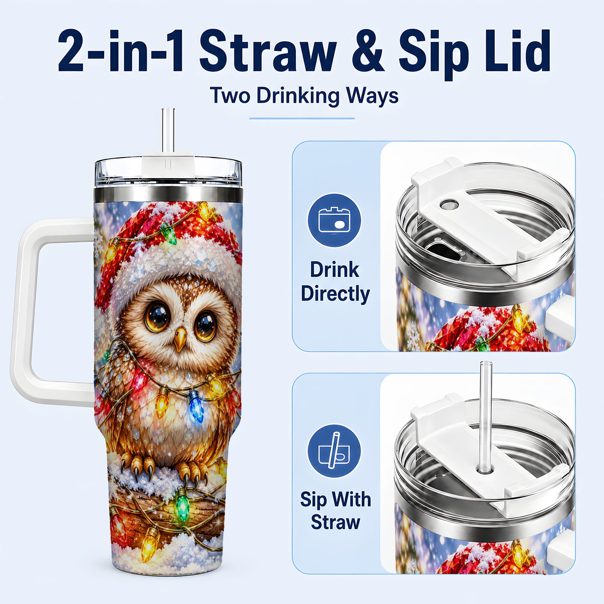 #pl[40oz|White] Christmas Lights Owl Tumbler 40oz, Owl Tumbler, Stainless Steel Travel Cup