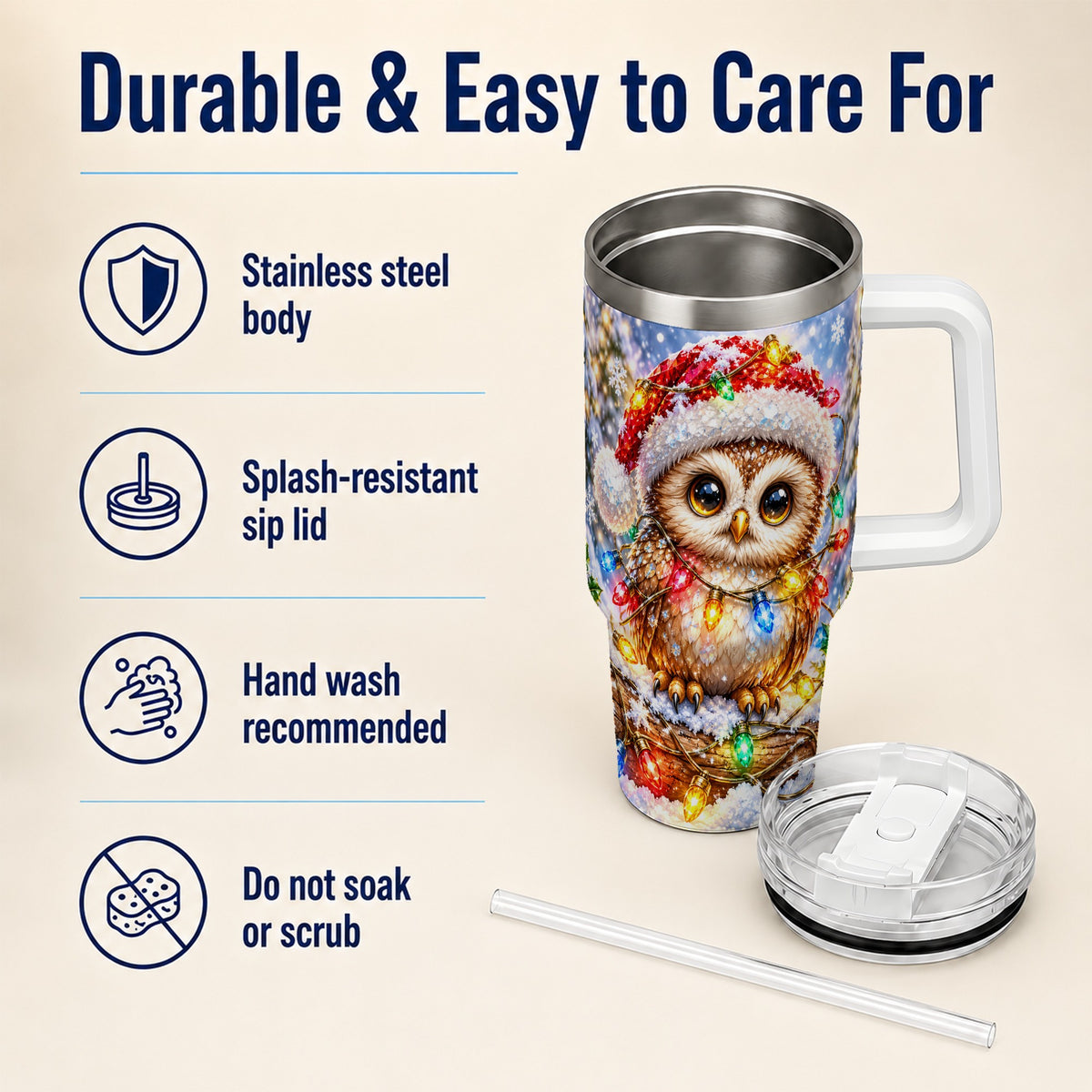 #pl[40oz|White] Christmas Lights Owl Tumbler 40oz, Owl Tumbler, Stainless Steel Travel Cup