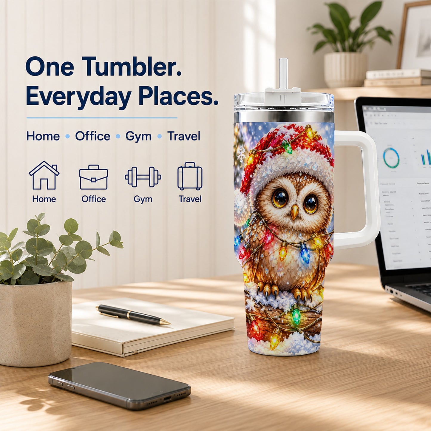 #pl[40oz|White] Christmas Lights Owl Tumbler 40oz, Owl Tumbler, Stainless Steel Travel Cup