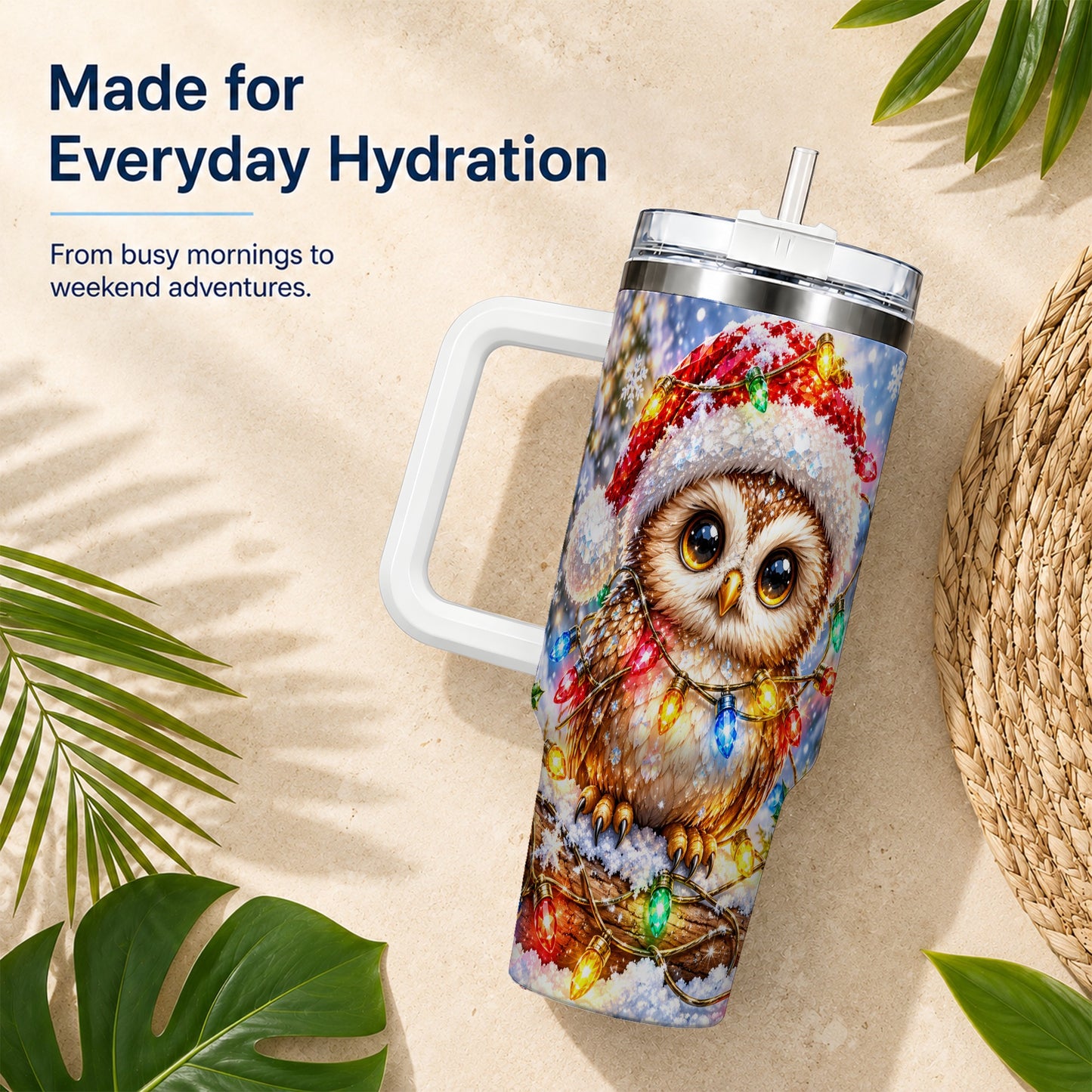 #pl[40oz|White] Christmas Lights Owl Tumbler 40oz, Owl Tumbler, Stainless Steel Travel Cup