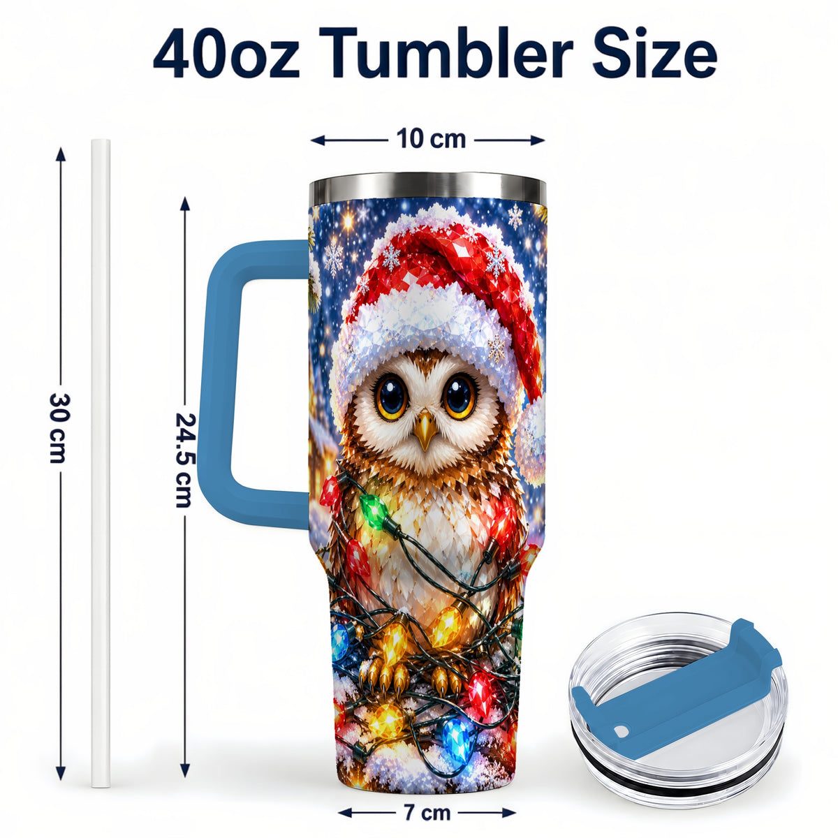 #pl[40oz|Blue] Christmas Owl 40oz Tumbler with Handle, Holiday Lights Travel Cup