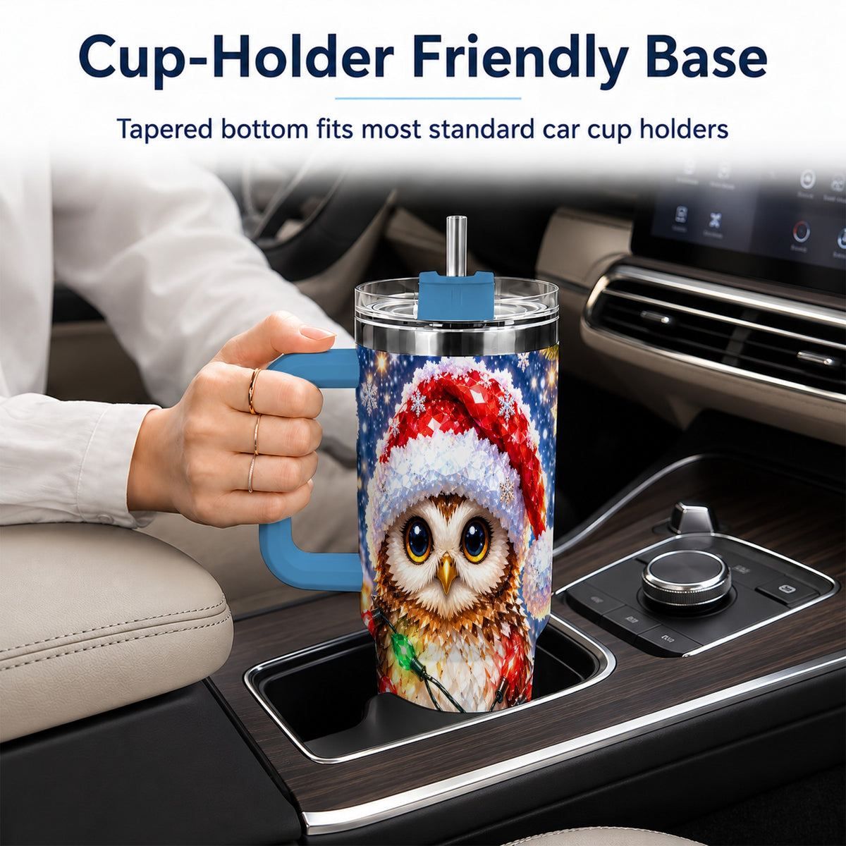 #pl[40oz|Blue] Christmas Owl 40oz Tumbler with Handle, Holiday Lights Travel Cup