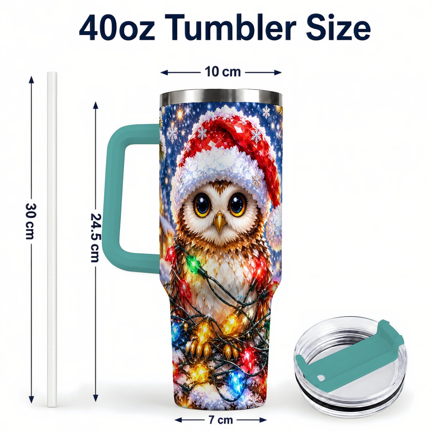 #pl[40oz|Green] Christmas Owl 40oz Tumbler with Handle, Holiday Lights Travel Cup
