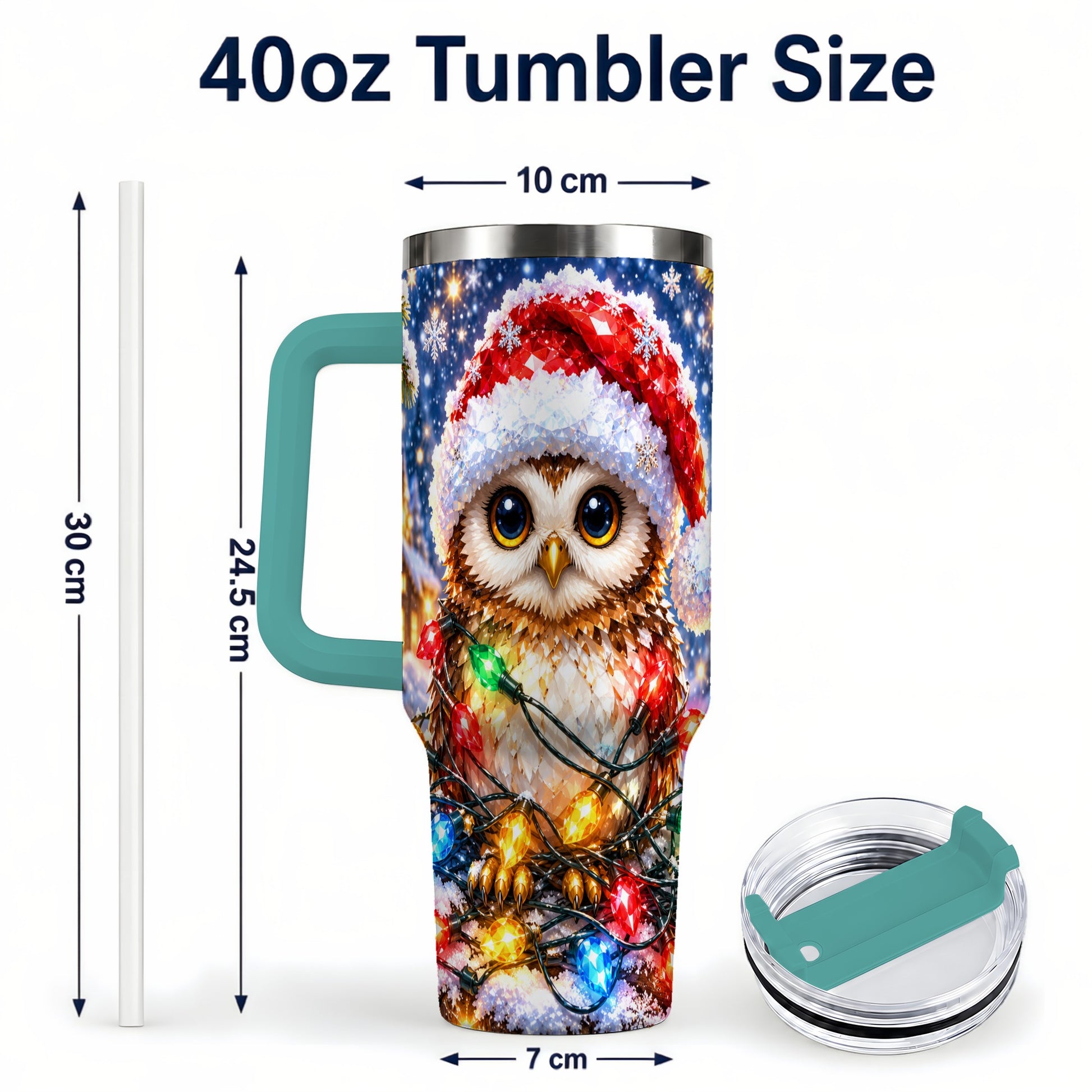 #pl[40oz|Green] Christmas Owl 40oz Tumbler with Handle, Holiday Lights Travel Cup