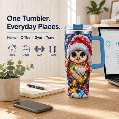 #pl[40oz|Blue] Christmas Owl 40oz Tumbler with Handle, Holiday Lights Travel Cup