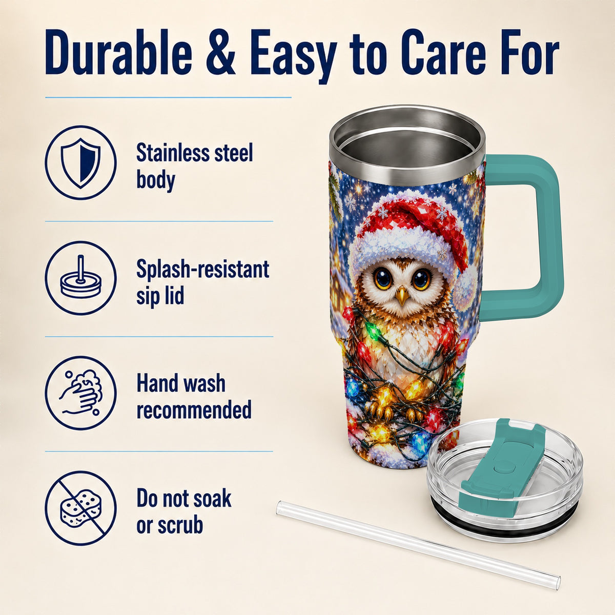 #pl[40oz|Green] Christmas Owl 40oz Tumbler with Handle, Holiday Lights Travel Cup