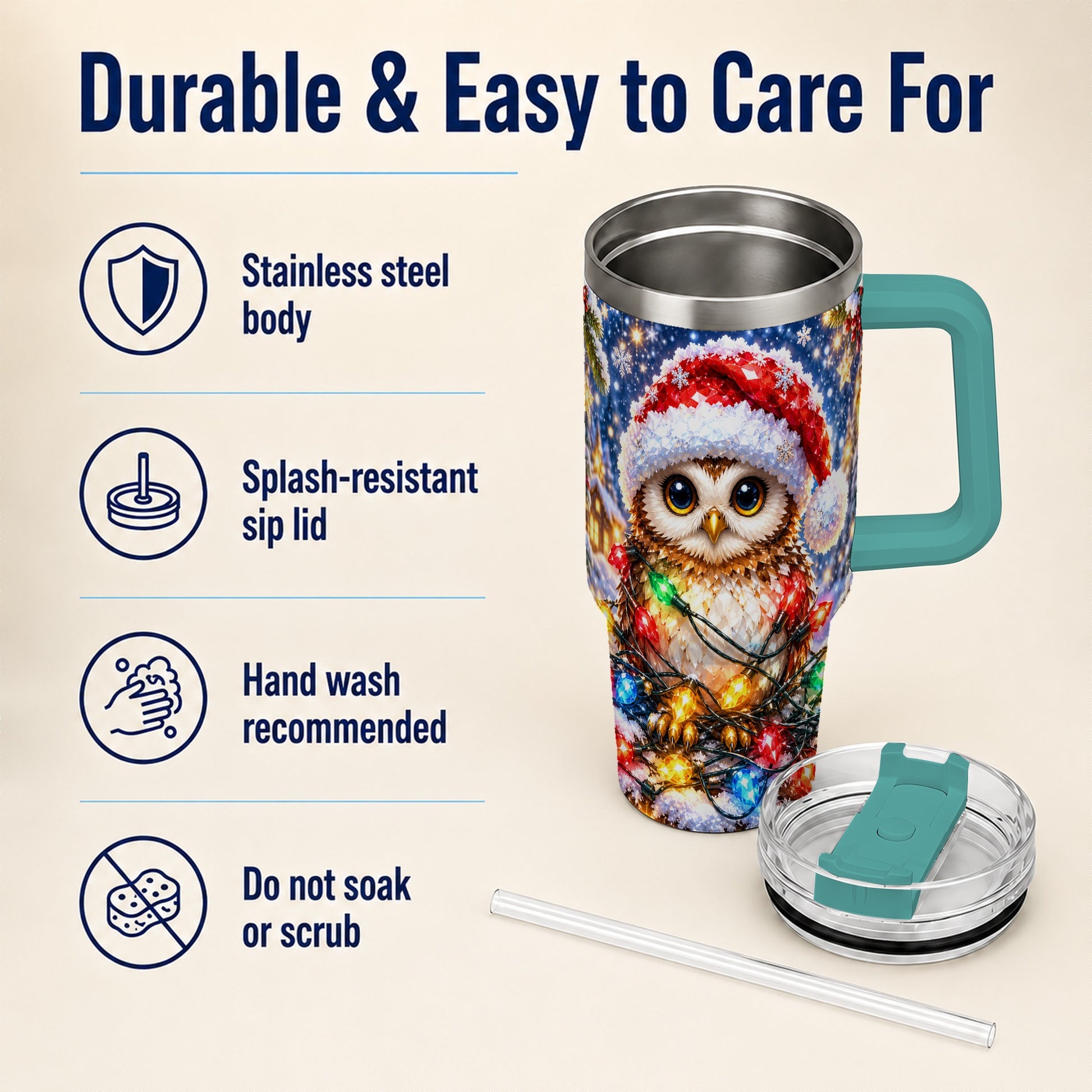 #pl[40oz|Green] Christmas Owl 40oz Tumbler with Handle, Holiday Lights Travel Cup