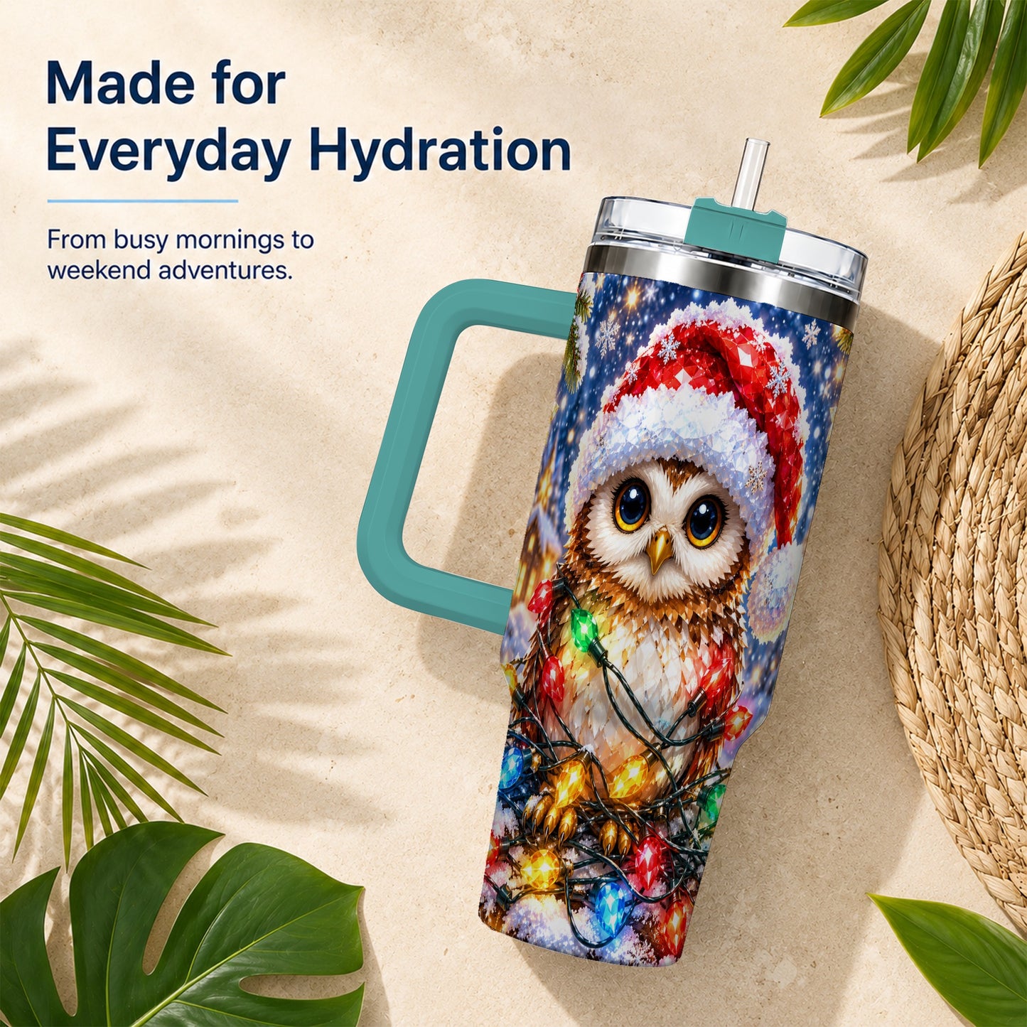 #pl[40oz|Green] Christmas Owl 40oz Tumbler with Handle, Holiday Lights Travel Cup