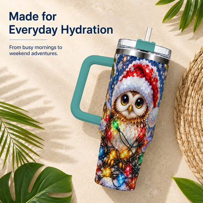 #pl[40oz|Green] Christmas Owl 40oz Tumbler with Handle, Holiday Lights Travel Cup