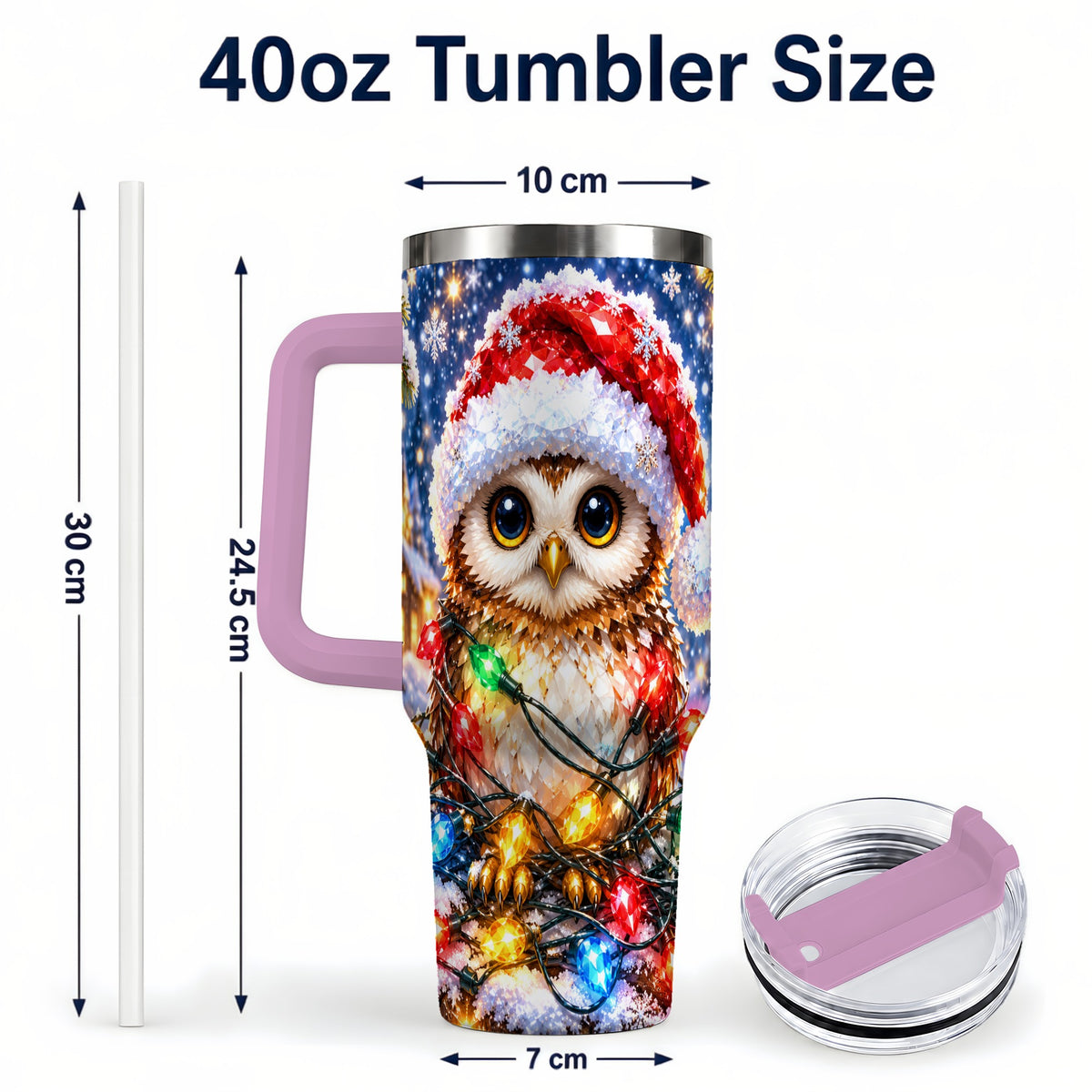 #pl[40oz|Pink] Christmas Owl 40oz Tumbler with Handle, Holiday Lights Travel Cup