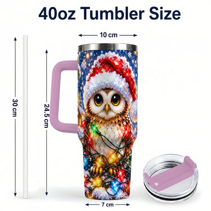 #pl[40oz|Pink] Christmas Owl 40oz Tumbler with Handle, Holiday Lights Travel Cup