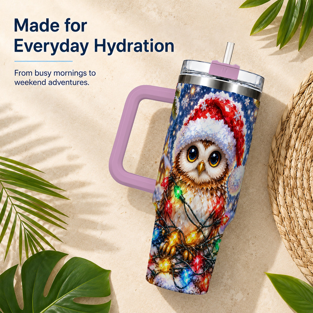 #pl[40oz|Pink] Christmas Owl 40oz Tumbler with Handle, Holiday Lights Travel Cup