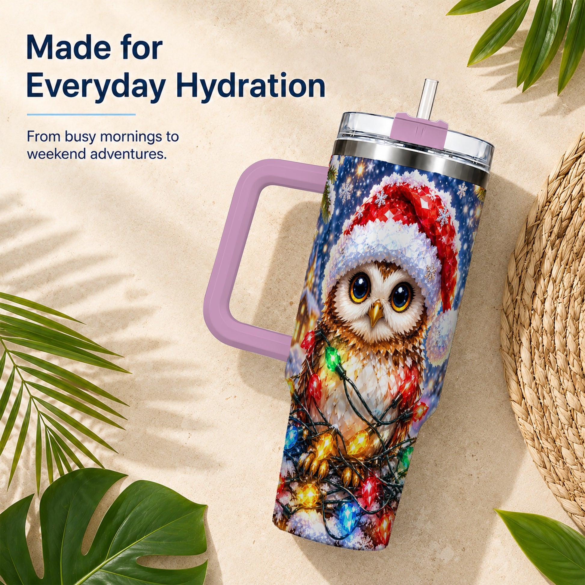 #pl[40oz|Pink] Christmas Owl 40oz Tumbler with Handle, Holiday Lights Travel Cup