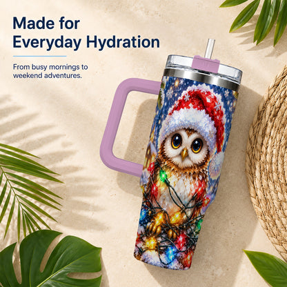 #pl[40oz|Pink] Christmas Owl 40oz Tumbler with Handle, Holiday Lights Travel Cup