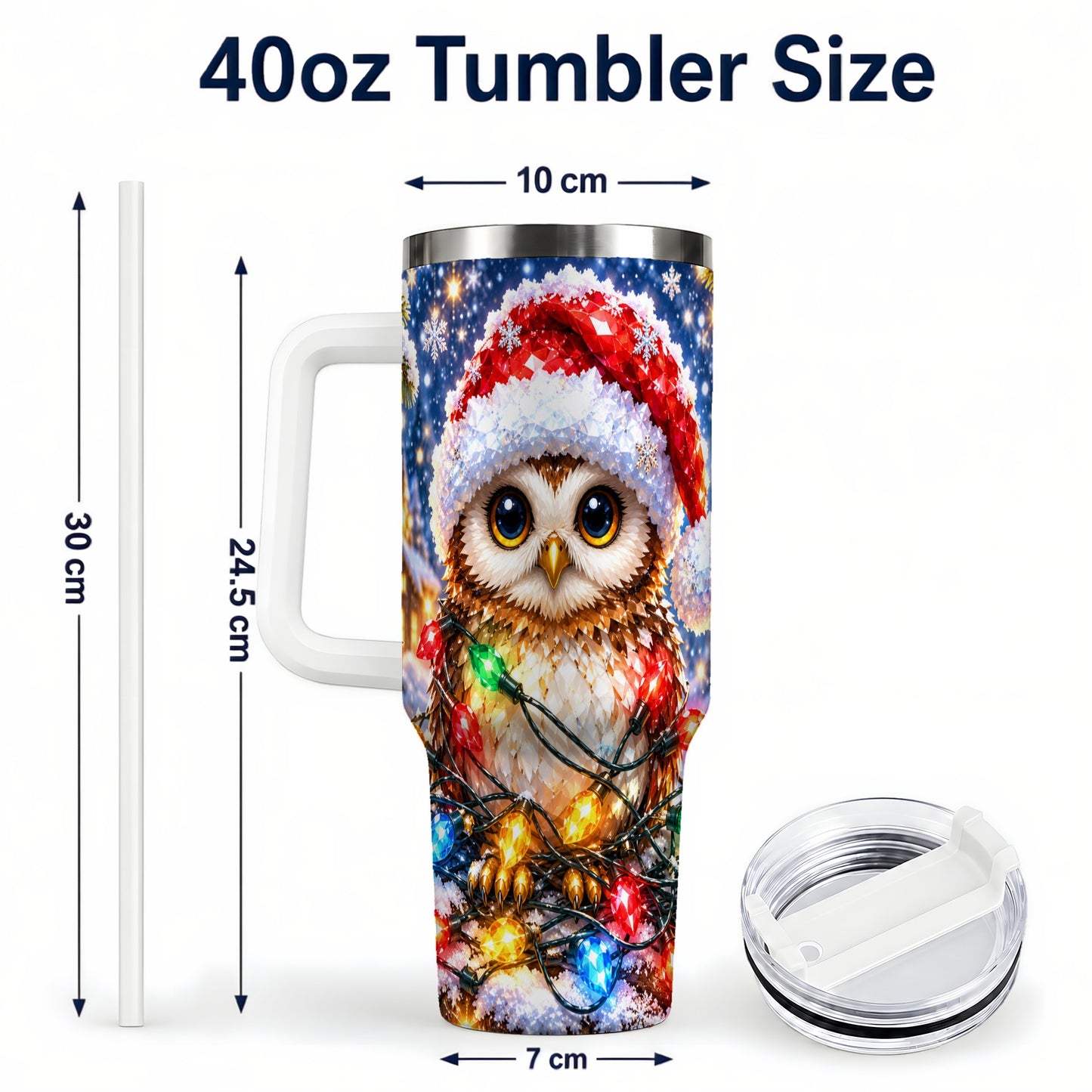 #pl[40oz|White] Christmas Owl 40oz Tumbler with Handle, Holiday Lights Travel Cup