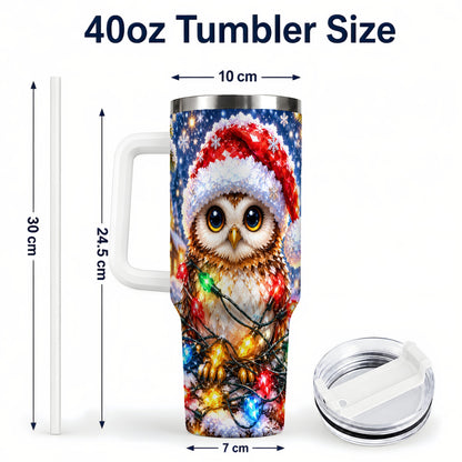 #pl[40oz|White] Christmas Owl 40oz Tumbler with Handle, Holiday Lights Travel Cup