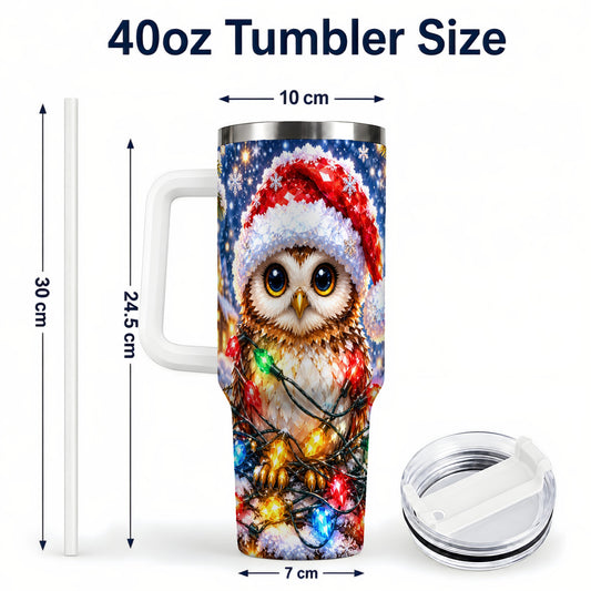 #pl[40oz|White] Christmas Owl 40oz Tumbler with Handle, Holiday Lights Travel Cup