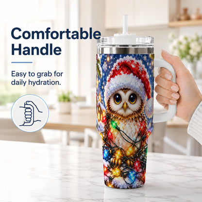 #pl[40oz|White] Christmas Owl 40oz Tumbler with Handle, Holiday Lights Travel Cup