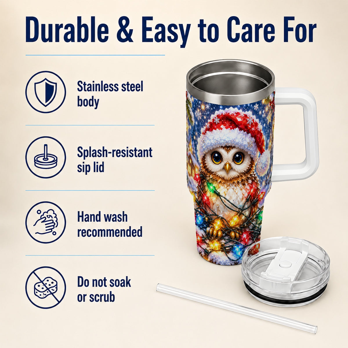 #pl[40oz|White] Christmas Owl 40oz Tumbler with Handle, Holiday Lights Travel Cup