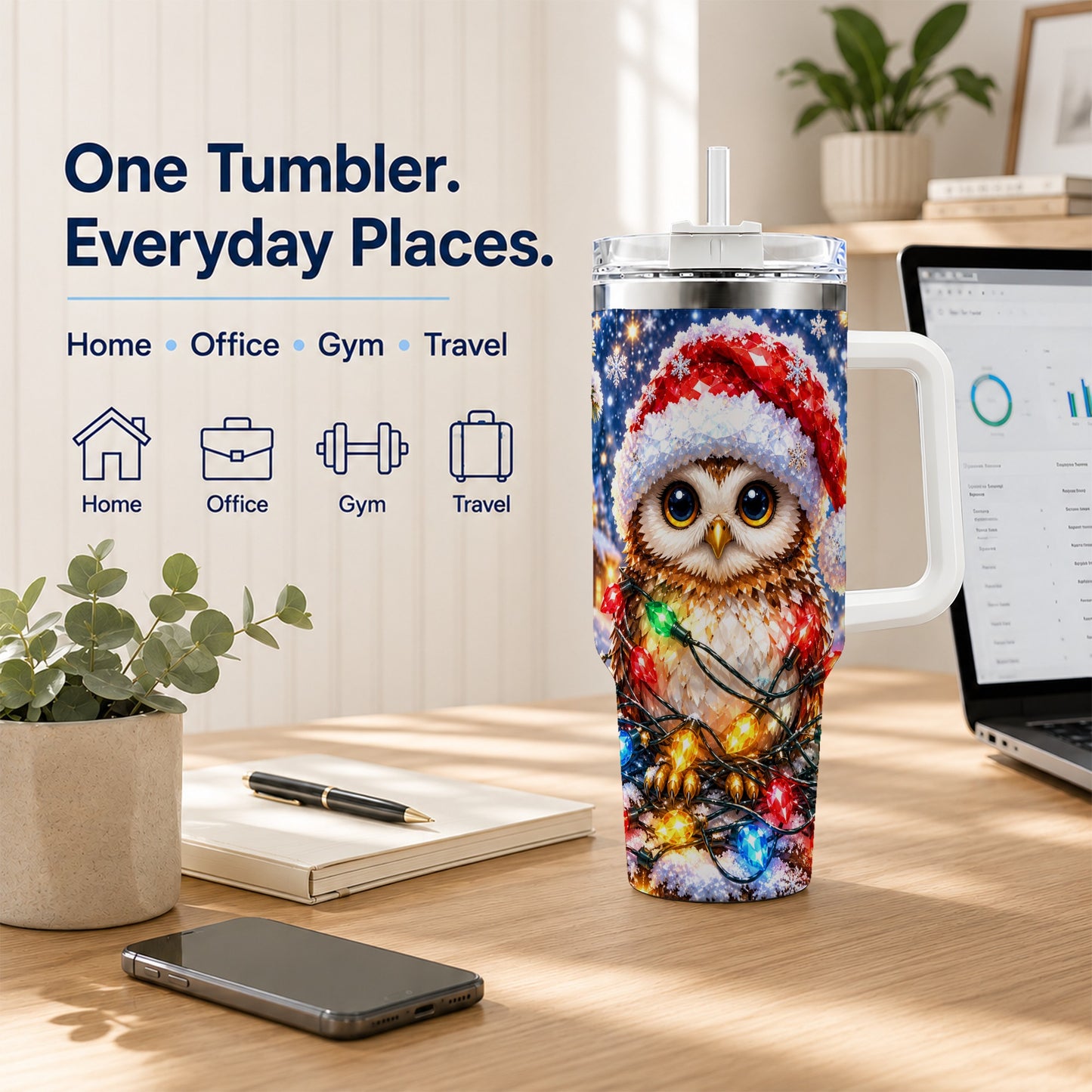 #pl[40oz|White] Christmas Owl 40oz Tumbler with Handle, Holiday Lights Travel Cup