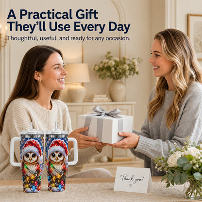 #pl[40oz|White] Christmas Owl 40oz Tumbler with Handle, Holiday Lights Travel Cup