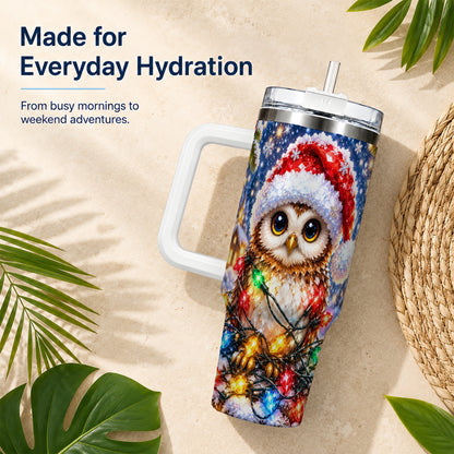 #pl[40oz|White] Christmas Owl 40oz Tumbler with Handle, Holiday Lights Travel Cup