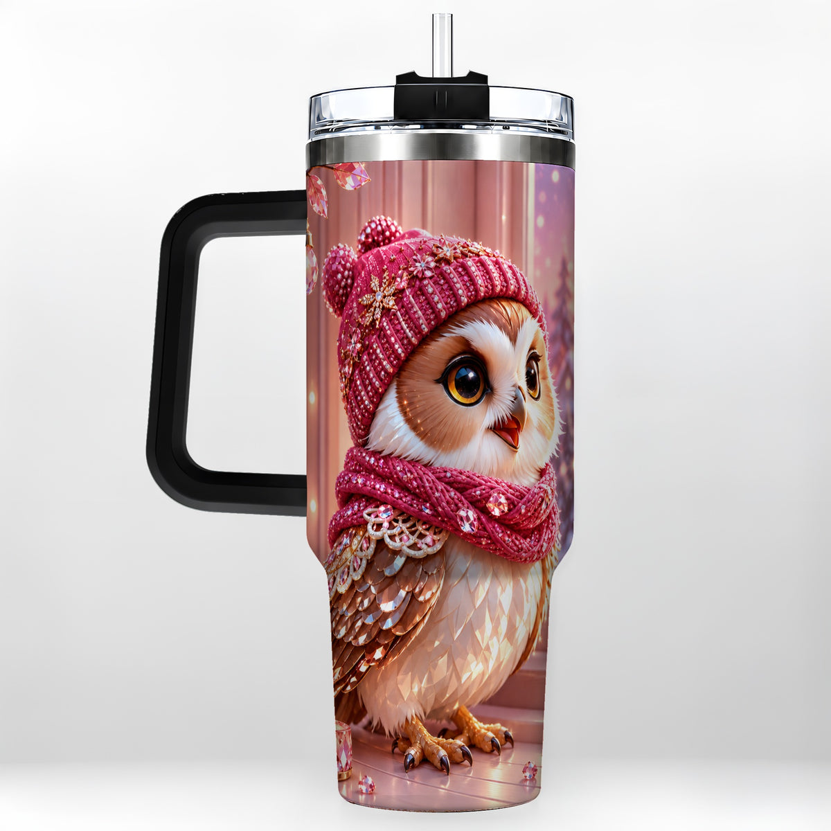 #pl[40oz|Black] Pink Winter Owl 40oz Tumbler with Handle, Cozy Crystal Style Travel Cup