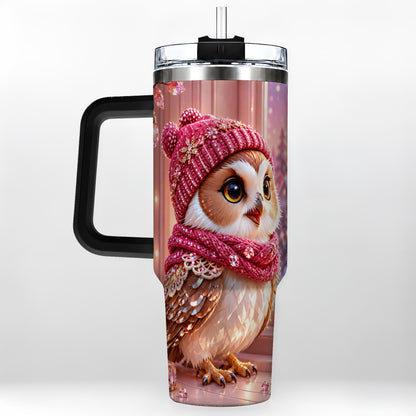 #pl[40oz|Black] Pink Winter Owl 40oz Tumbler with Handle, Cozy Crystal Style Travel Cup