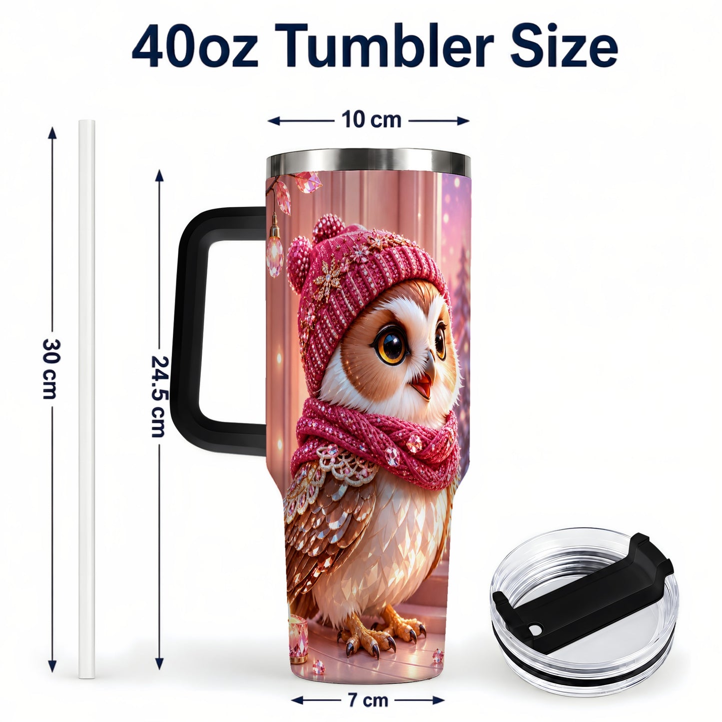#pl[40oz|Black] Pink Winter Owl 40oz Tumbler with Handle, Cozy Crystal Style Travel Cup