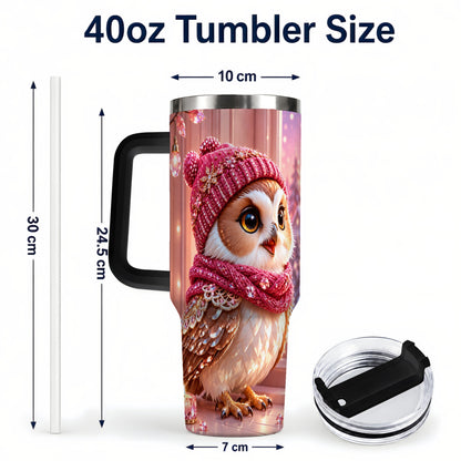 #pl[40oz|Black] Pink Winter Owl 40oz Tumbler with Handle, Cozy Crystal Style Travel Cup