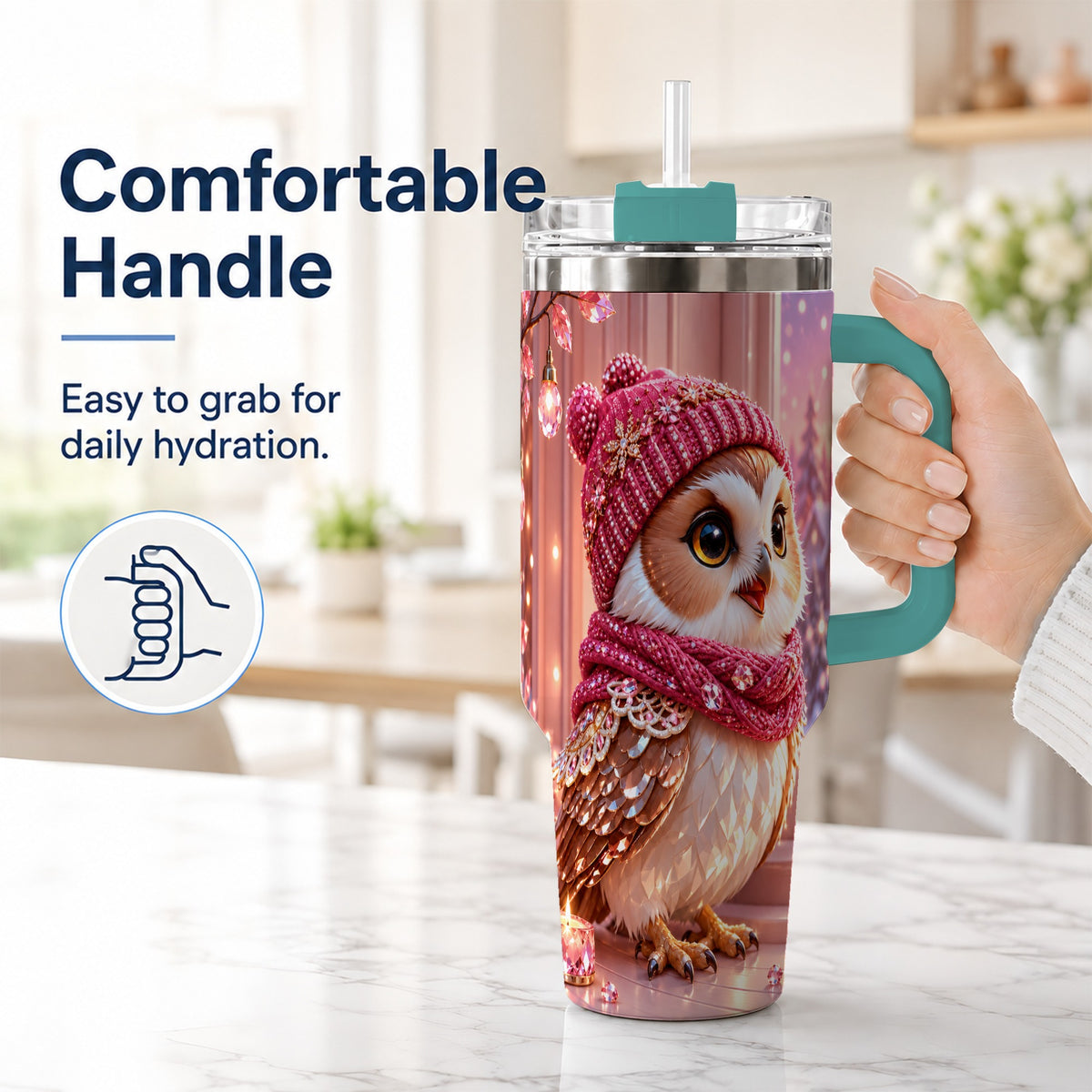 #pl[40oz|Green] Pink Winter Owl 40oz Tumbler with Handle, Cozy Crystal Style Travel Cup