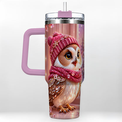 #pl[40oz|Pink] Pink Winter Owl 40oz Tumbler with Handle, Cozy Crystal Style Travel Cup
