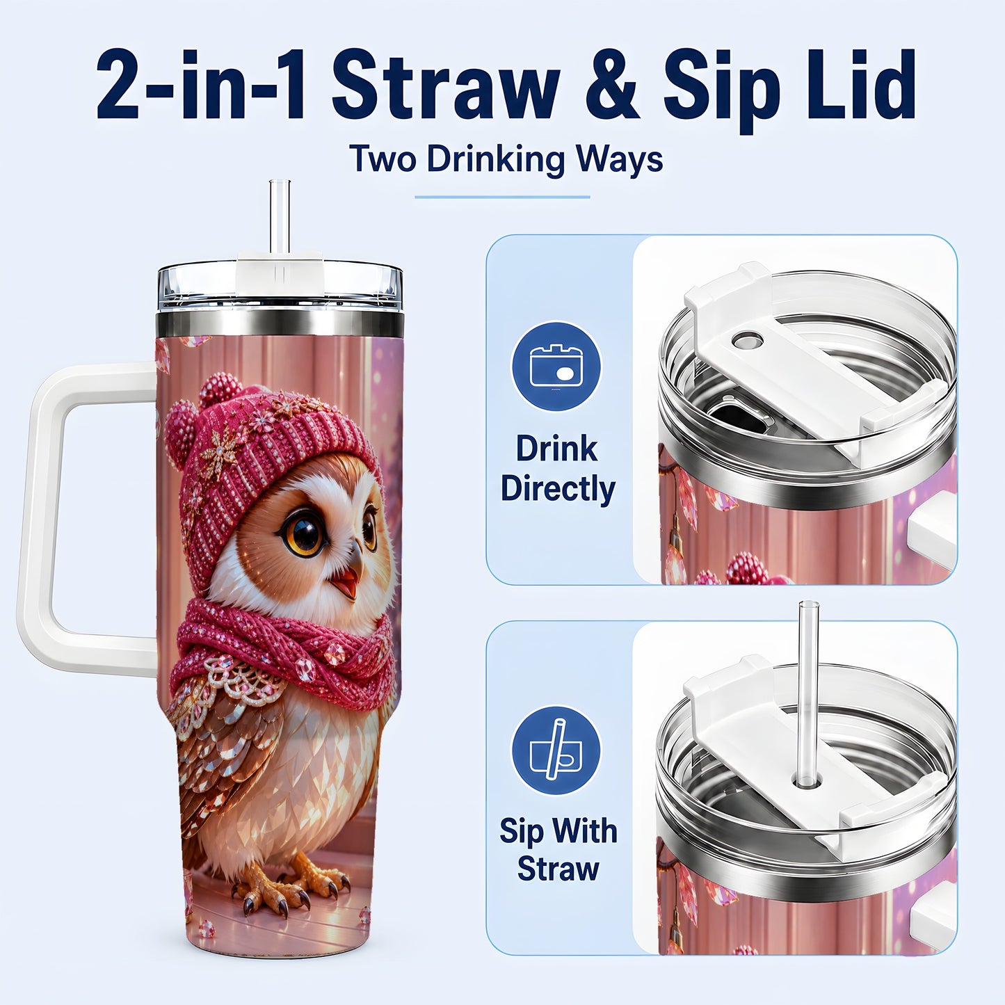 #pl[40oz|White] Pink Winter Owl 40oz Tumbler with Handle, Cozy Crystal Style Travel Cup