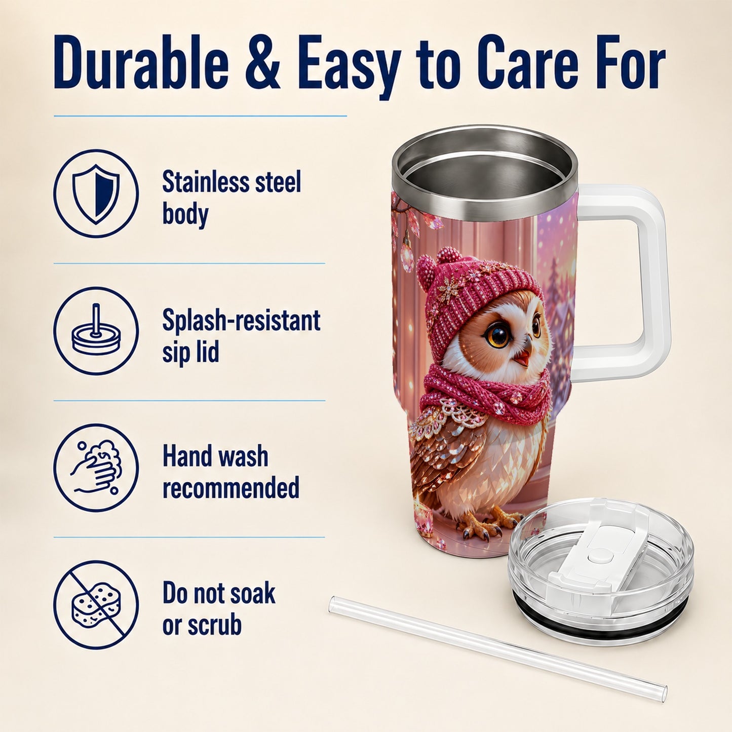 #pl[40oz|White] Pink Winter Owl 40oz Tumbler with Handle, Cozy Crystal Style Travel Cup