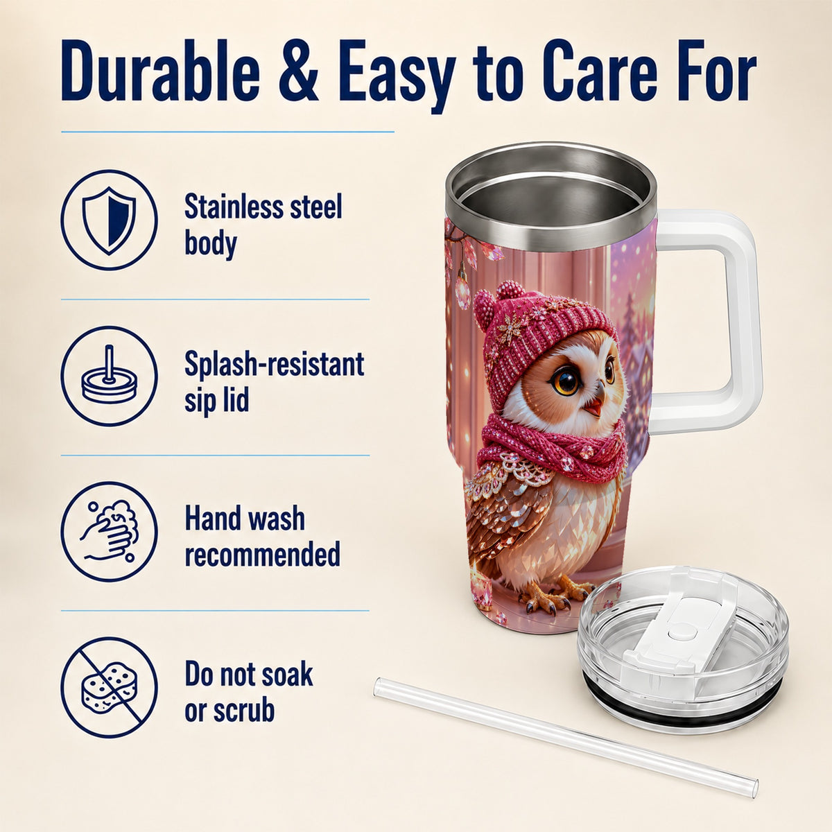 #pl[40oz|White] Pink Winter Owl 40oz Tumbler with Handle, Cozy Crystal Style Travel Cup