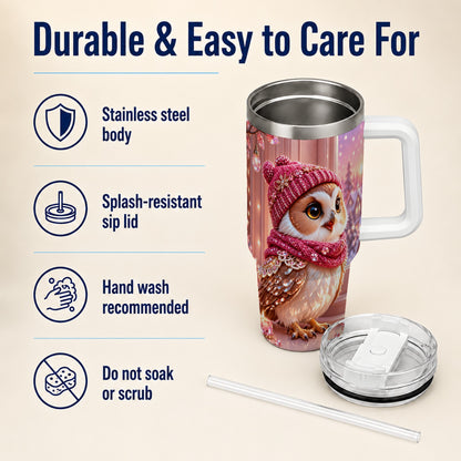 #pl[40oz|White] Pink Winter Owl 40oz Tumbler with Handle, Cozy Crystal Style Travel Cup