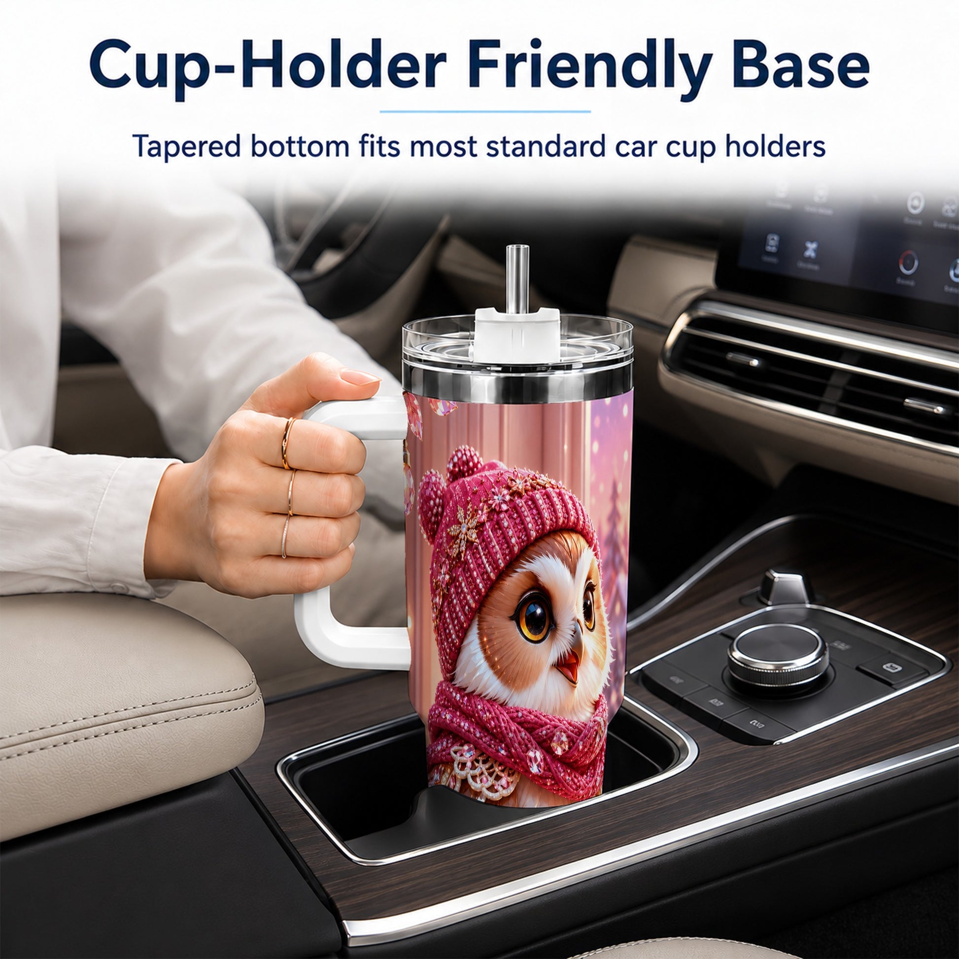 #pl[40oz|White] Pink Winter Owl 40oz Tumbler with Handle, Cozy Crystal Style Travel Cup
